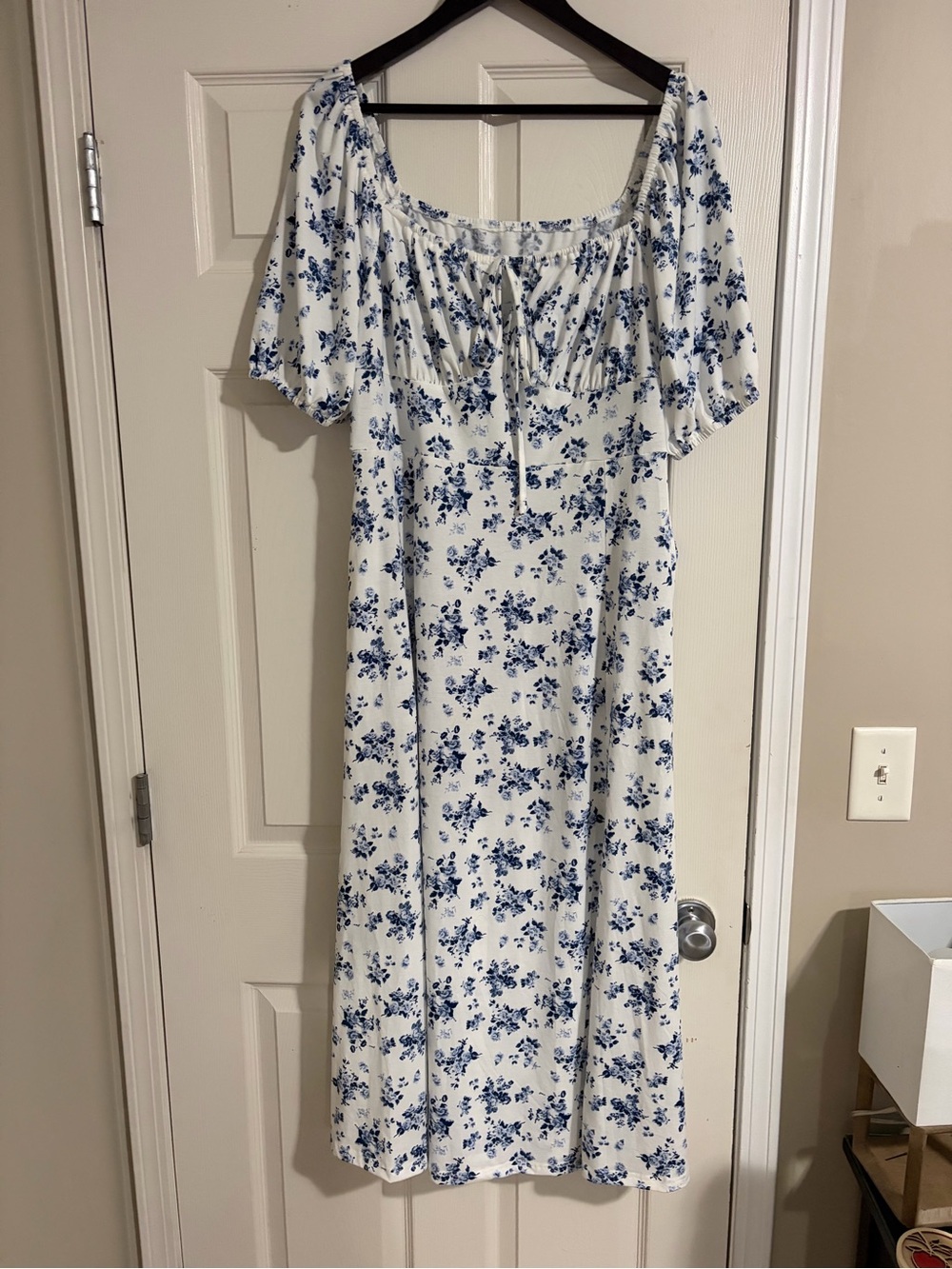 White and Blue Floral Maxi Dress with Puff Sleeves